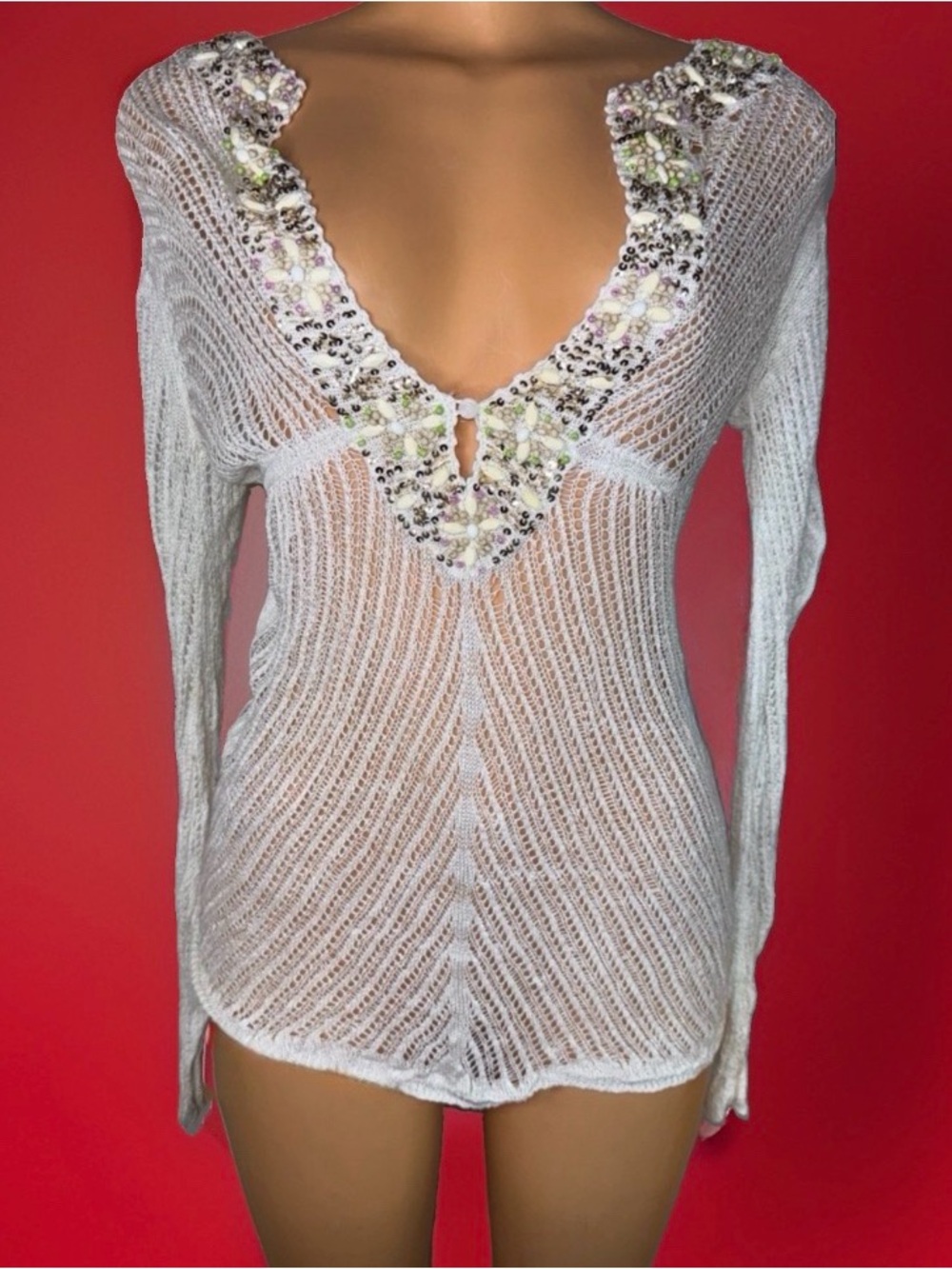 Victoria's Secret White Sheer Knit V-Neck Top with Beaded Trim